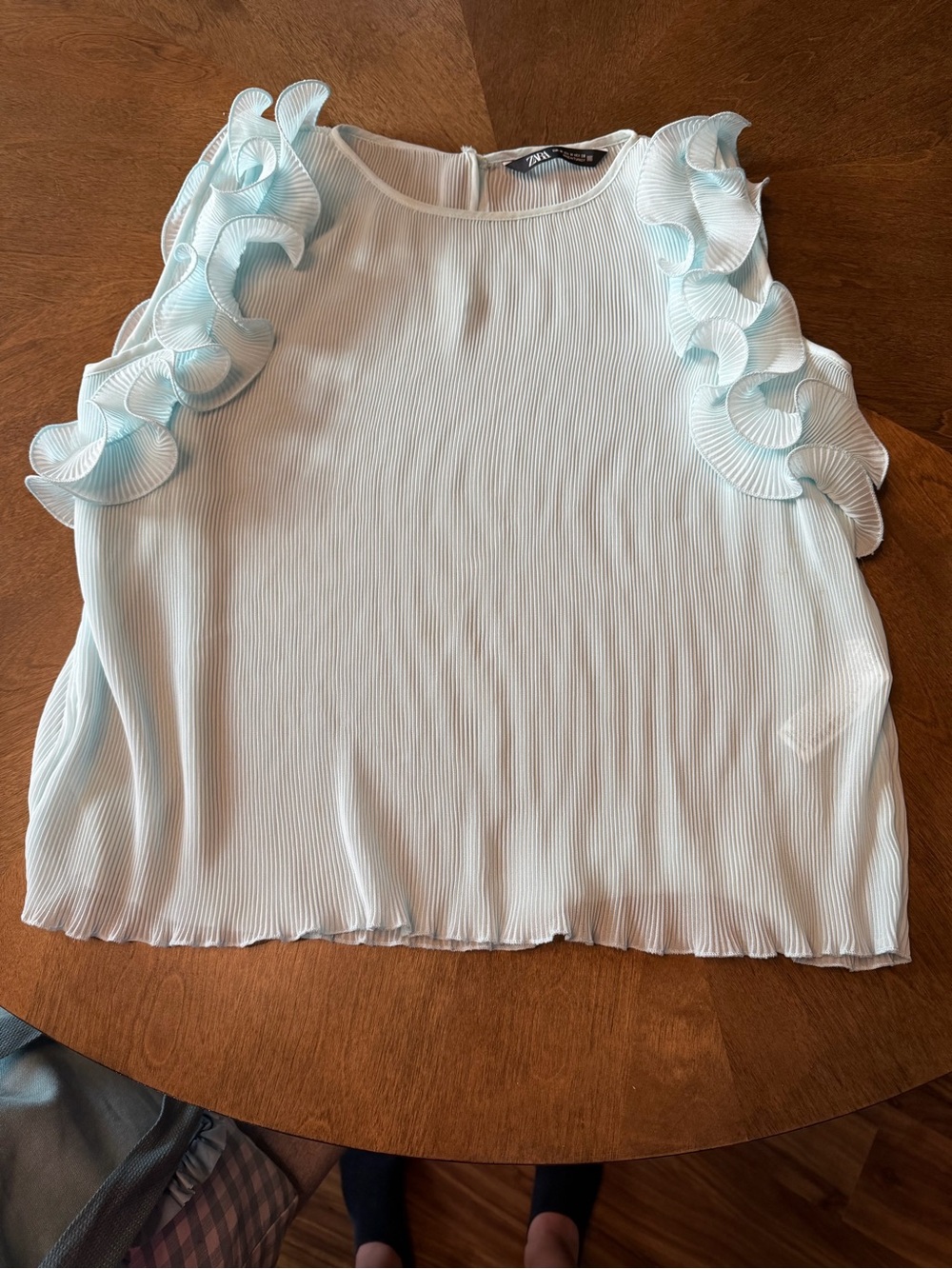 Zara Pale Blue Ruffle-Trim Pleated Sleeveless Blouse